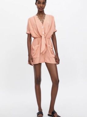 Zara Peach Tie-Front Romper
